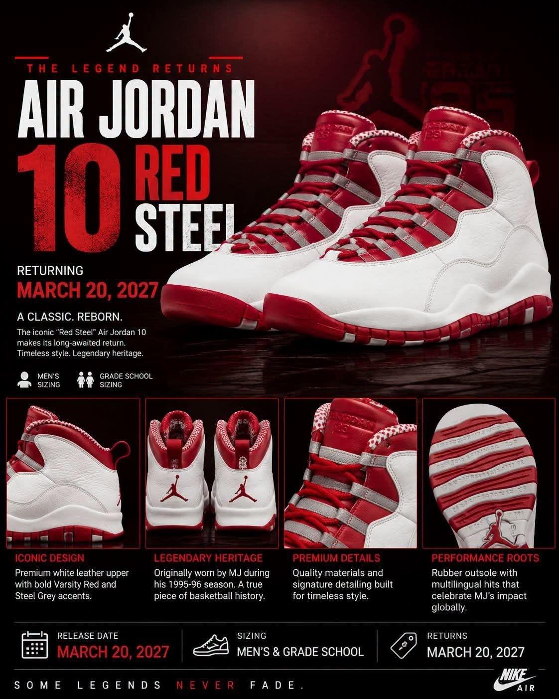 乔丹赛场战靴复刻!这双AJ10「Red Steel」,情怀党直接冲